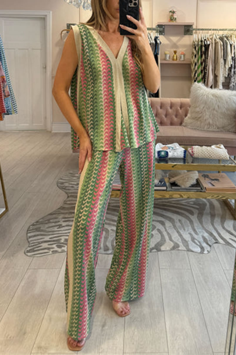 Ladies' V-neck Vertical Print Multi-color Casual Set