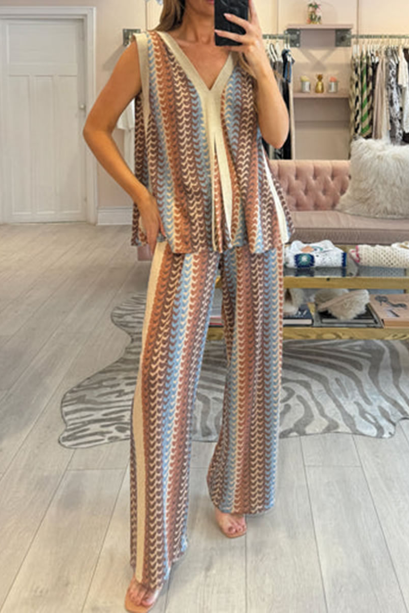 Ladies' V-neck Vertical Print Multi-color Casual Set