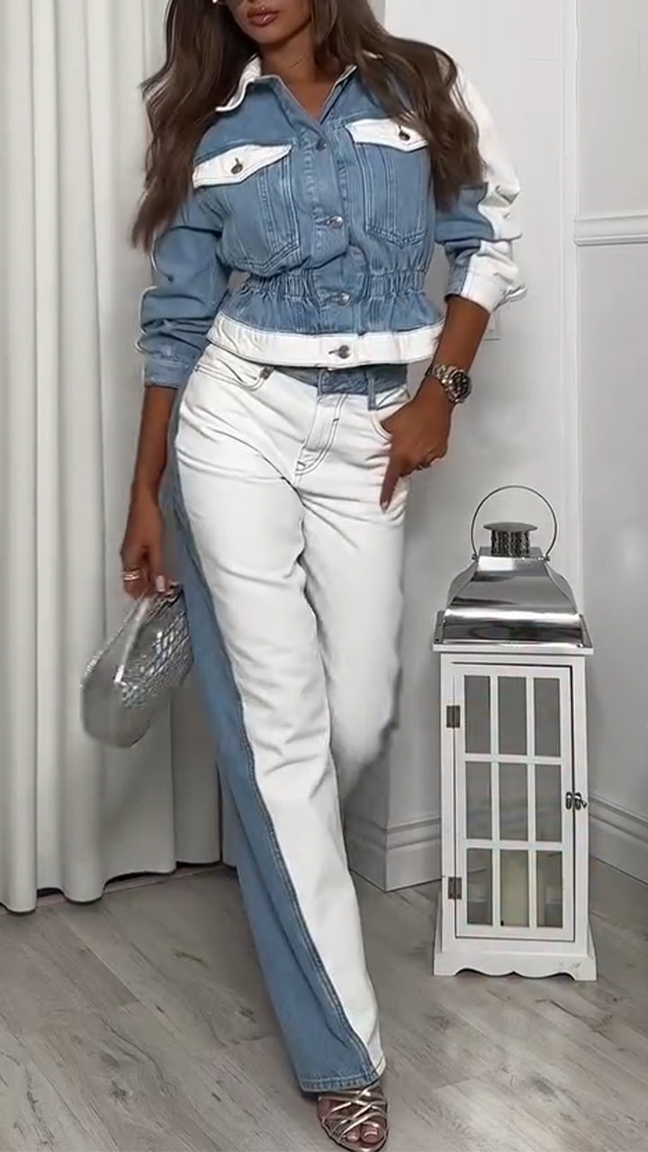 Ladies Collar and Buckle Splicing Top+ Pants with A Casual Temperament Suit