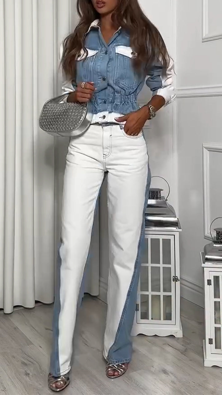 Ladies Collar and Buckle Splicing Top+ Pants with A Casual Temperament Suit