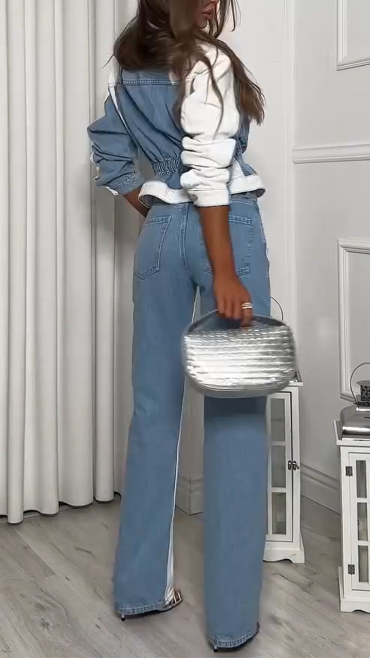 Ladies Collar and Buckle Splicing Top+ Pants with A Casual Temperament Suit